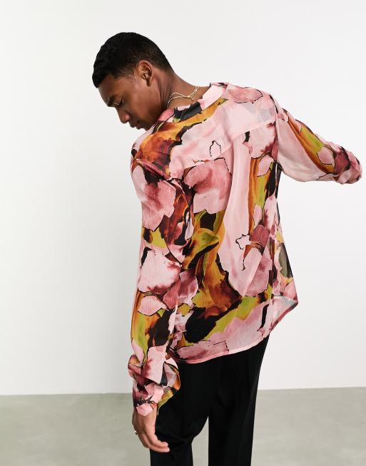 ASOS DESIGN relaxed revere sheer shirt in watercolour floral print