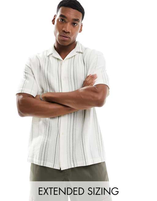 ASOS DESIGN relaxed revere shirt in basketweave stripe in green and white