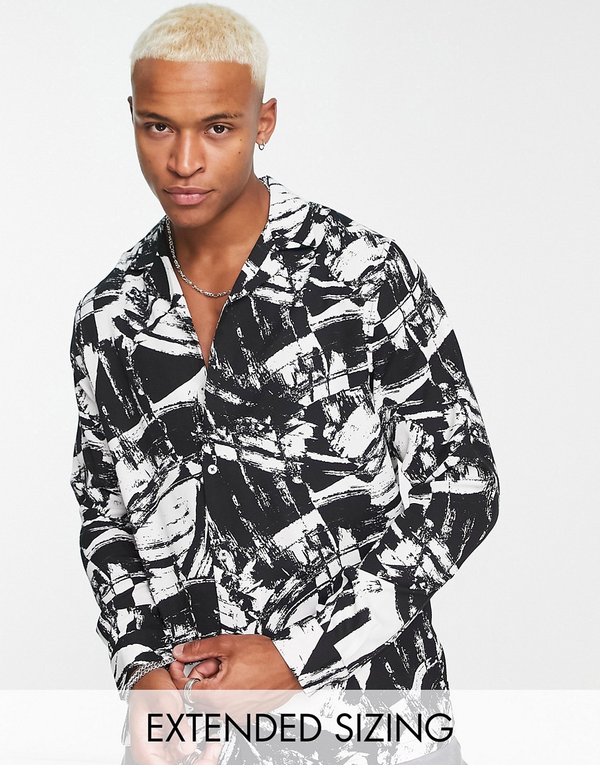 ASOS DESIGN relaxed revere shirt in black and white abstract print