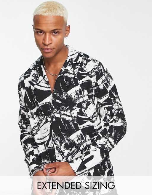 ASOS DESIGN relaxed revere shirt in black and white abstract print