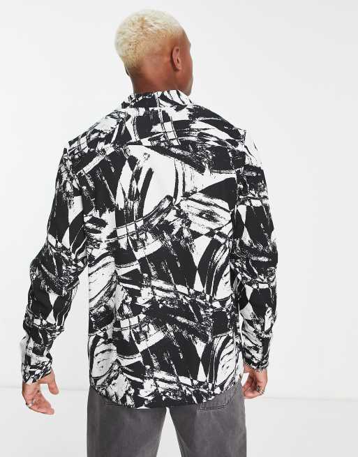 ASOS DESIGN relaxed revere shirt in black and white abstract print