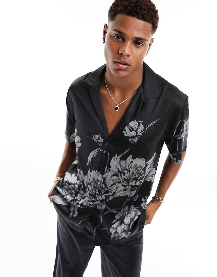 ASOS DESIGN relaxed revere shirt in black satin floral print