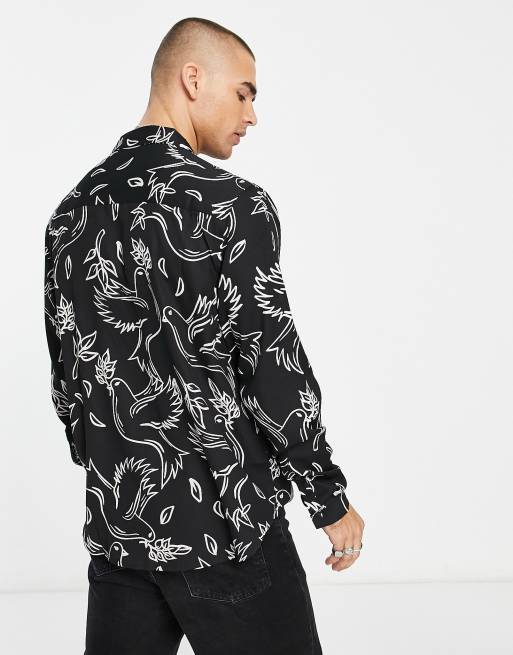 ASOS DESIGN relaxed revere shirt in black with bird print | ASOS