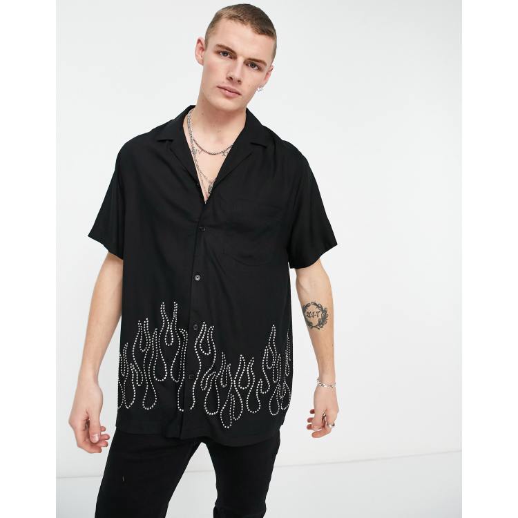 ASOS DESIGN relaxed revere shirt in black with flame stud detail