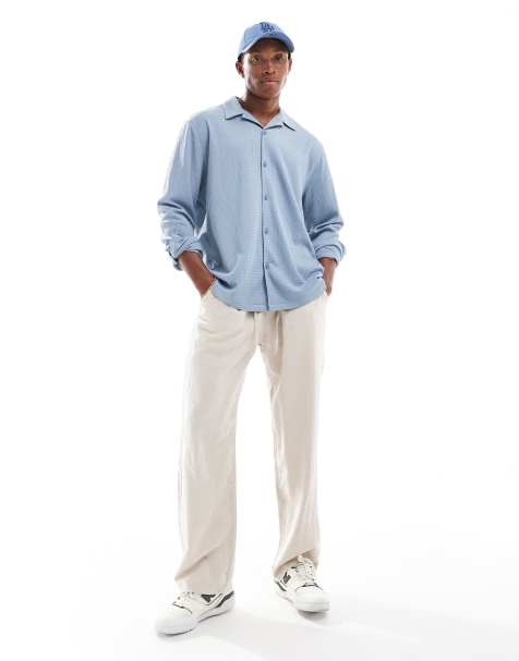 ASOS DESIGN relaxed revere shirt in blue crinkle texture - view 1