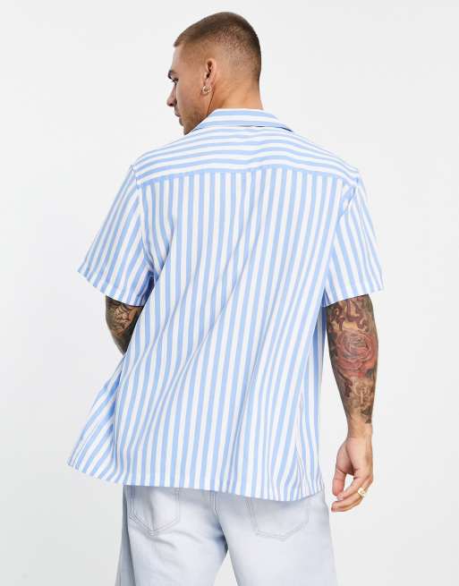 ASOS DESIGN relaxed revere shirt in blue summer stripe, 2 of 4