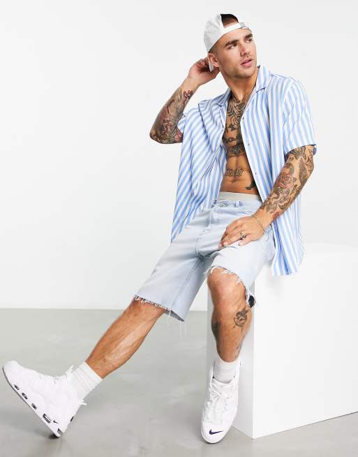 ASOS DESIGN relaxed revere shirt in blue summer stripe, 4 of 4