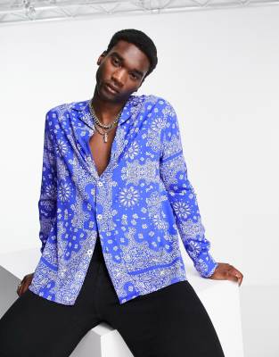 ASOS DESIGN relaxed revere shirt in bright blue paisley bandana print