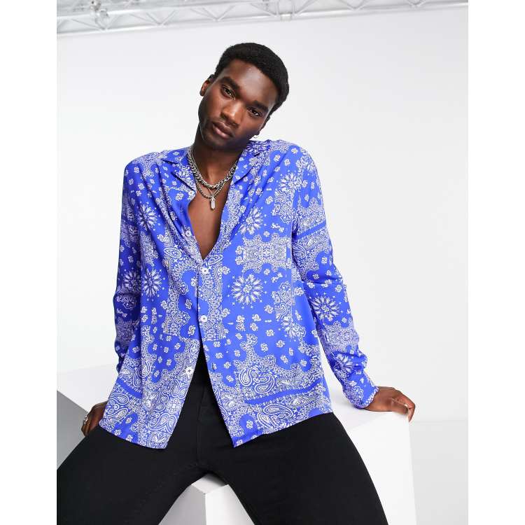 ASOS DESIGN relaxed revere shirt in bright blue paisley bandana