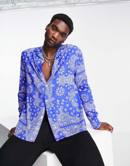 ASOS DESIGN relaxed revere shirt in bright blue paisley bandana