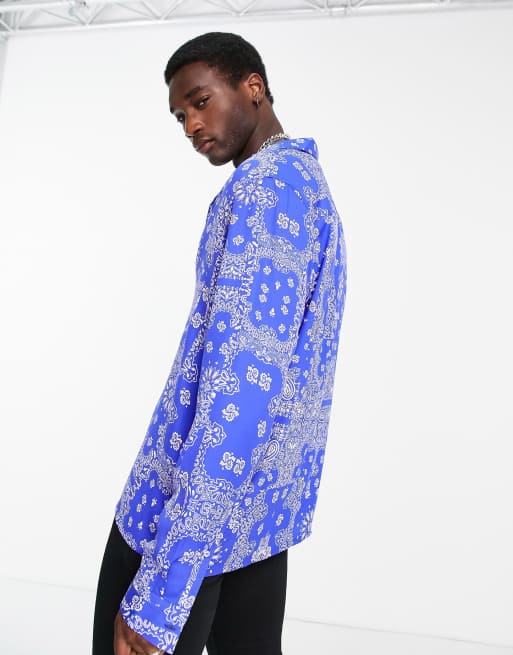 ASOS DESIGN relaxed revere shirt in bright blue paisley bandana print