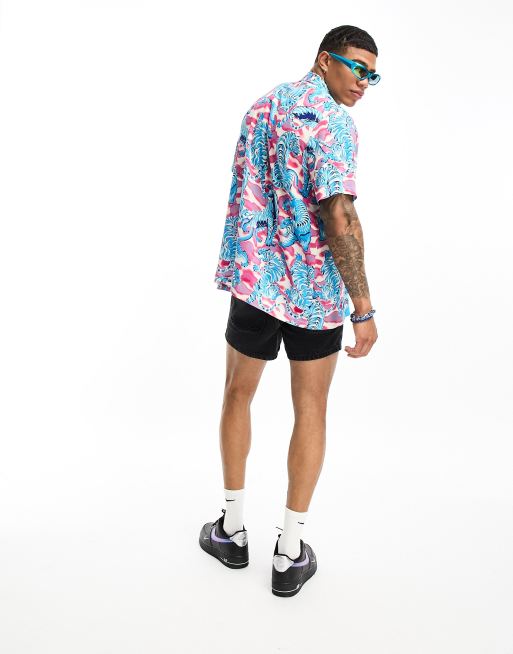 ASOS DESIGN relaxed short sleeve shirt in tiger print with revere collar