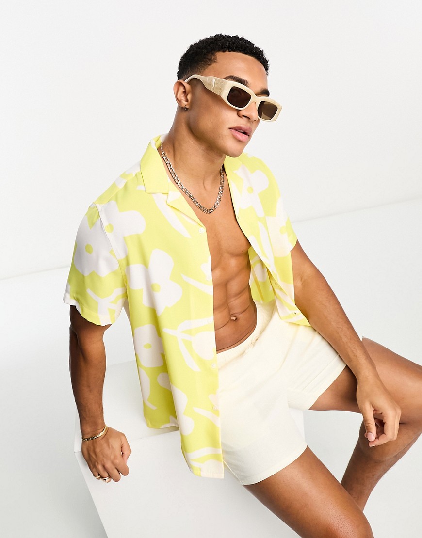 ASOS DESIGN relaxed revere shirt in bright yellow floral print