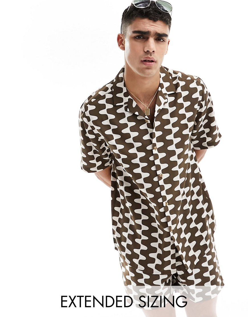 Asos Design Relaxed Revere Shirt In Brown And Cream Squiggle Print