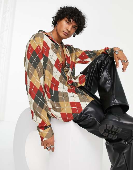 ASOS DESIGN relaxed revere shirt in brown argyle check