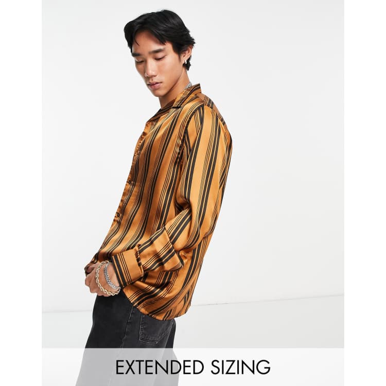 ASOS DESIGN relaxed revere shirt in brown satin stripe | ASOS