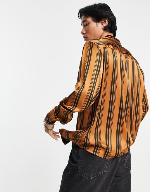 ASOS DESIGN relaxed revere shirt in brown satin stripe | ASOS