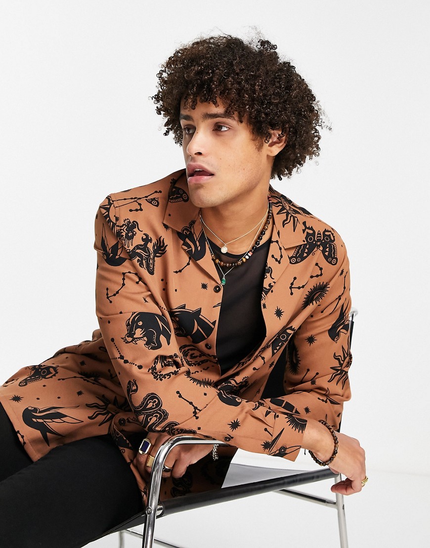 ASOS DESIGN relaxed revere shirt in brown with celestial print