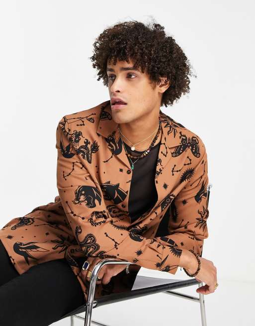 ASOS DESIGN relaxed revere shirt in brown with celestial print