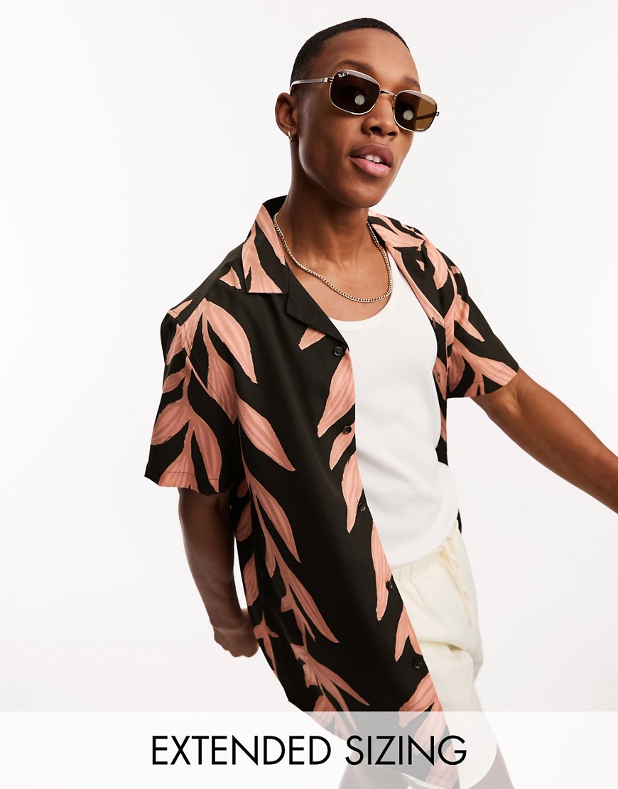 ASOS DESIGN relaxed revere shirt in brown with leaf print