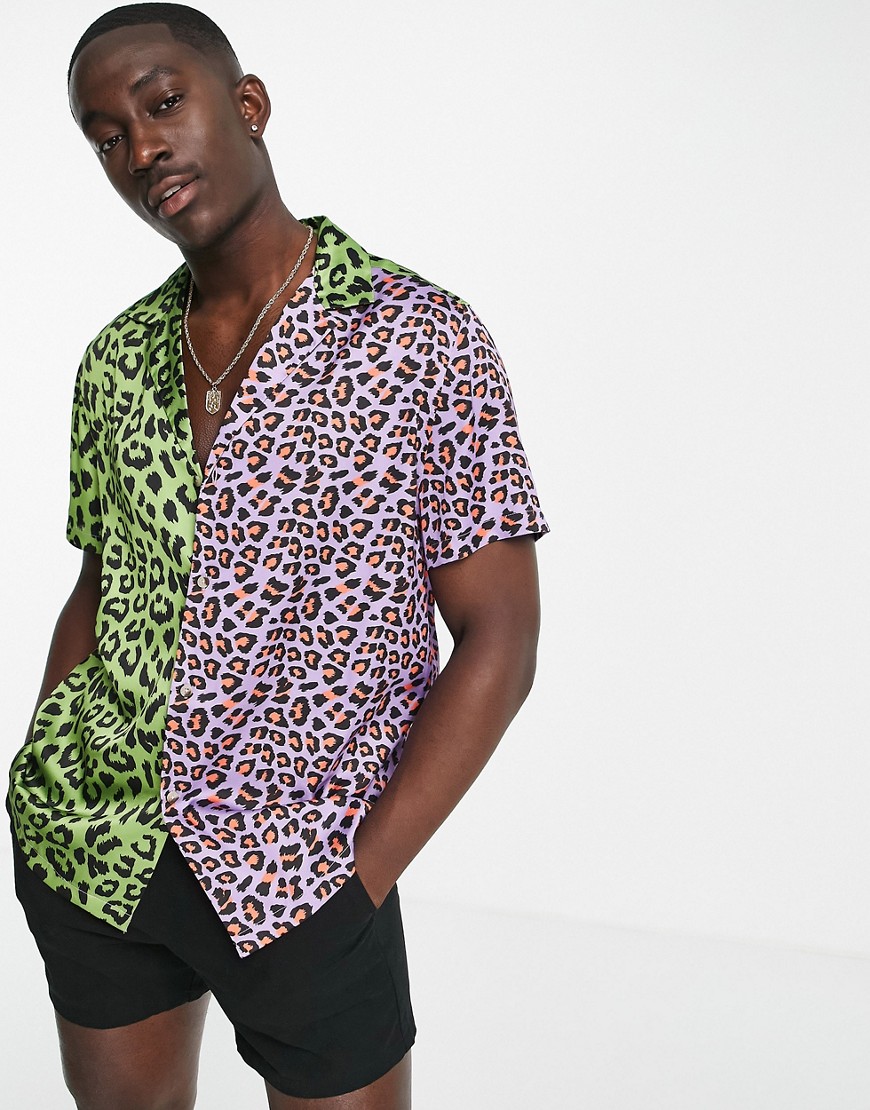 ASOS DESIGN relaxed revere shirt in color block leopard print-Multi