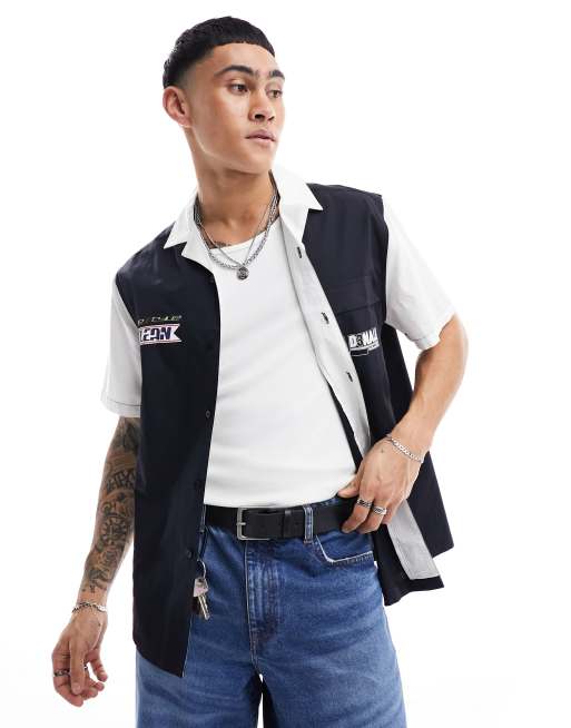 ASOS DESIGN relaxed revere shirt in cotton poplin motocross print