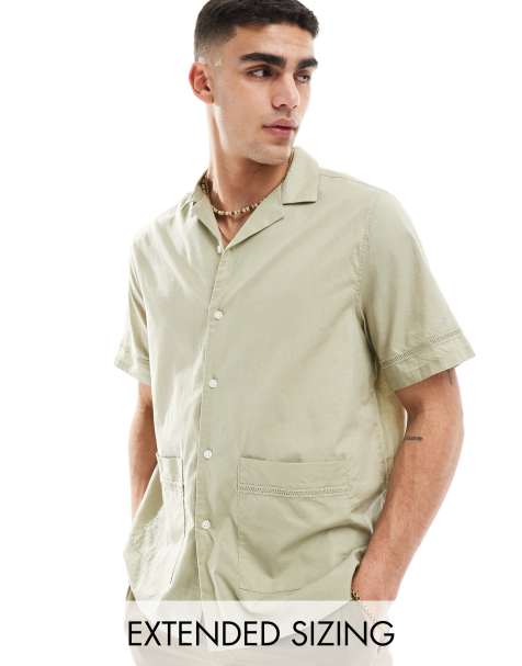 ASOS DESIGN relaxed revere shirt in cotton poplin with trim in olive green - view 1