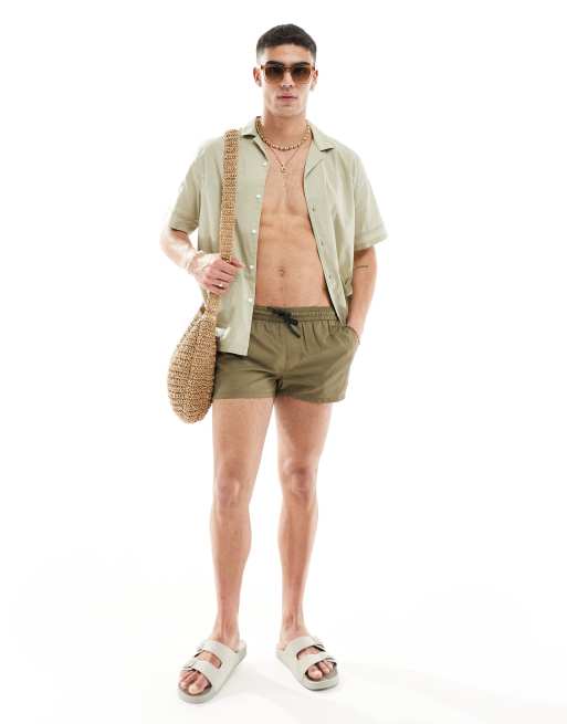 ASOS DESIGN relaxed revere shirt in cotton poplin with trim in olive green, 2 of 4