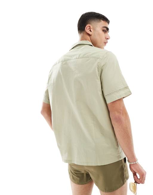 ASOS DESIGN relaxed revere shirt in cotton poplin with trim in olive green, 3 of 4