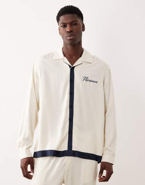 ASOS DESIGN relaxed revere shirt in cream with chest embroidery (part of a set) - view 1