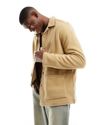 ASOS DESIGN relaxed revere shirt in fleece with brown contrast stitching in beige
