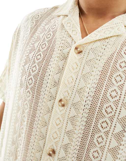 ASOS DESIGN relaxed revere shirt in geo lace in beige , 3 of 4