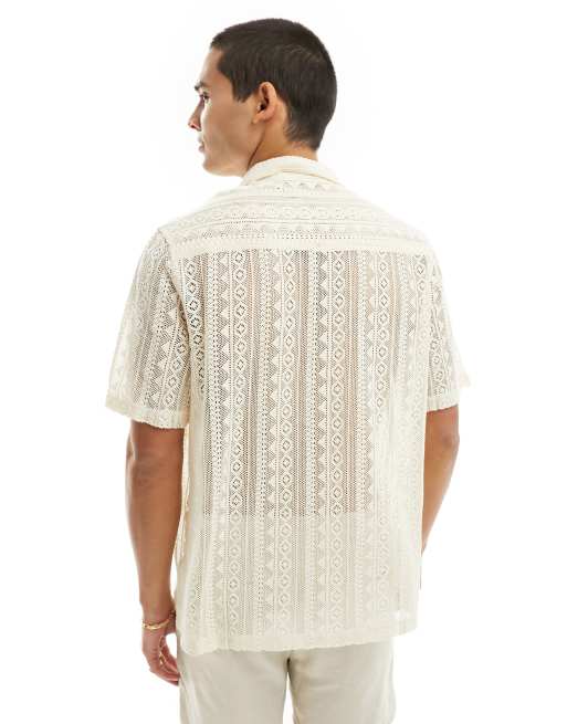 ASOS DESIGN relaxed revere shirt in geo lace in beige , 4 of 4