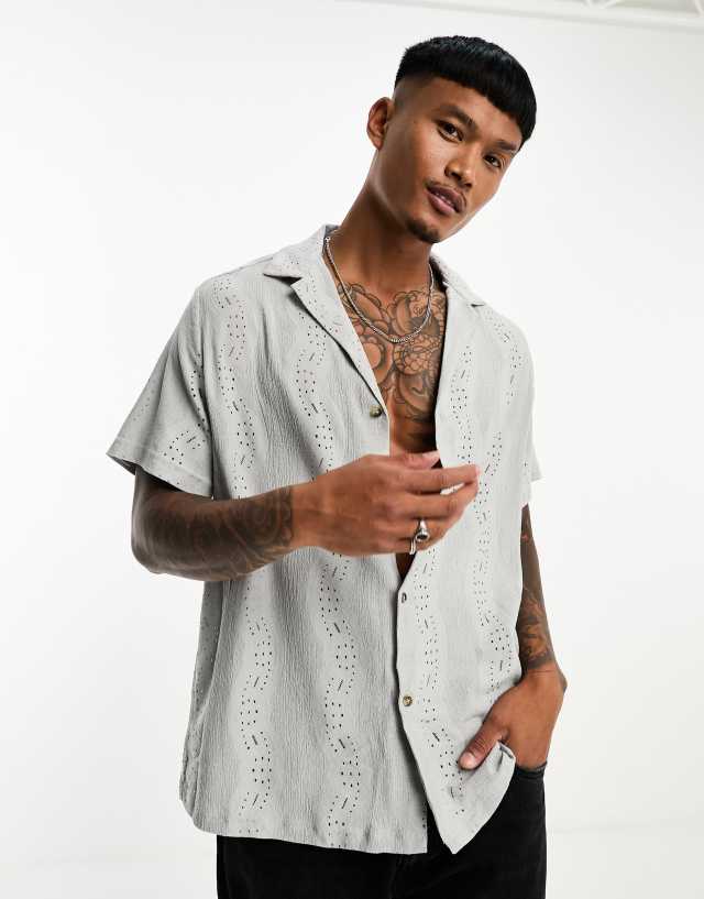 ASOS DESIGN relaxed revere shirt in gray wave texture