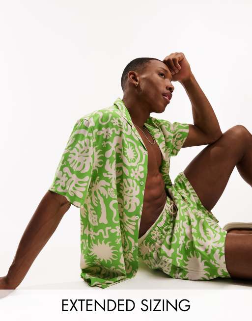 ASOS DESIGN relaxed revere shirt in green animal print(part of a set)