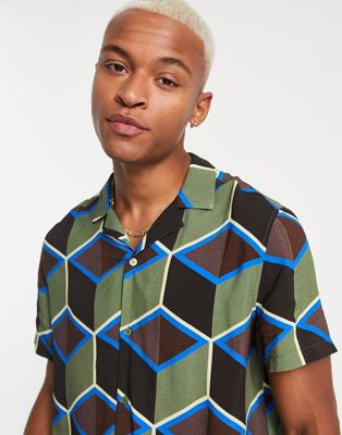 ASOS DESIGN relaxed revere shirt in large scale geo print