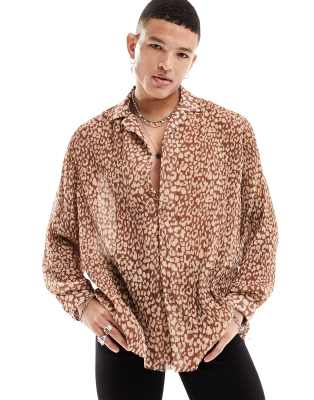 Asos Design Relaxed Revere Shirt In Leopard Print Plisse-brown