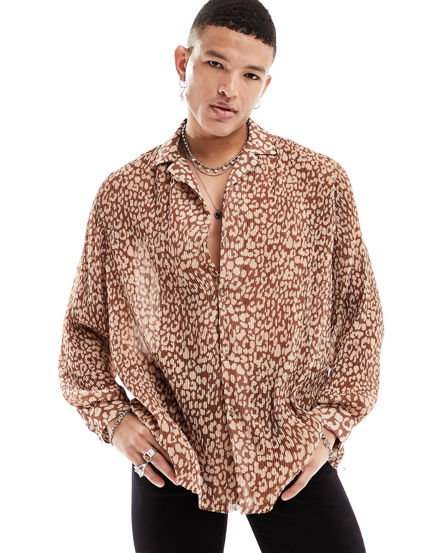 ASOS DESIGN relaxed revere shirt in leopard print plisse-Brown