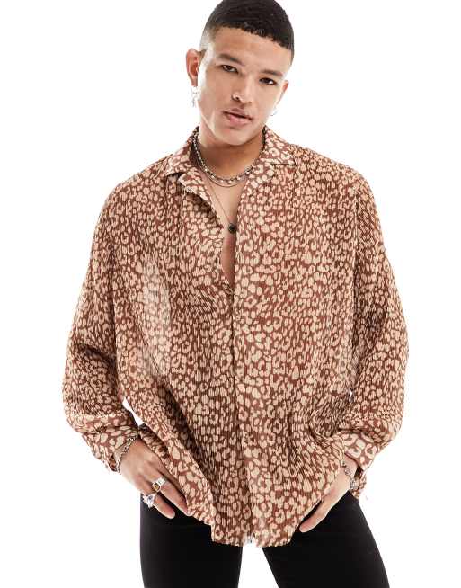 ASOS DESIGN relaxed revere shirt in brown with border print and