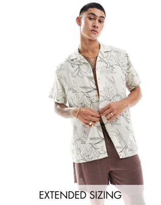 ASOS DESIGN relaxed revere beachy shirt in line drawn lily print in ecru