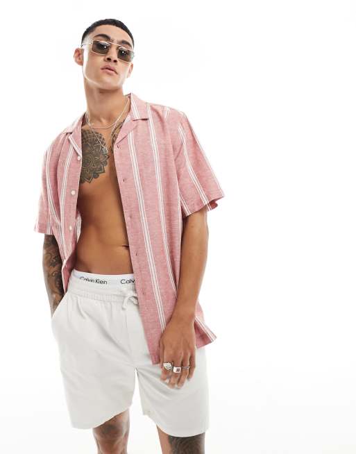 ASOS DESIGN relaxed revere shirt in linen mix stripe in red