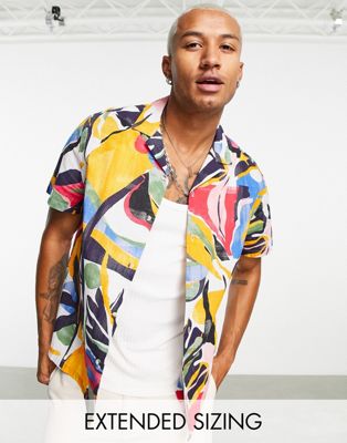 ASOS DESIGN relaxed revere shirt in linen mix with abstract leaf print