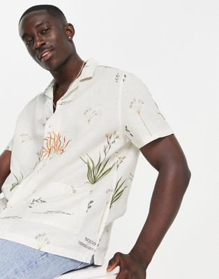 ASOS DESIGN relaxed revere shirt in linen mix with all over text and floral print