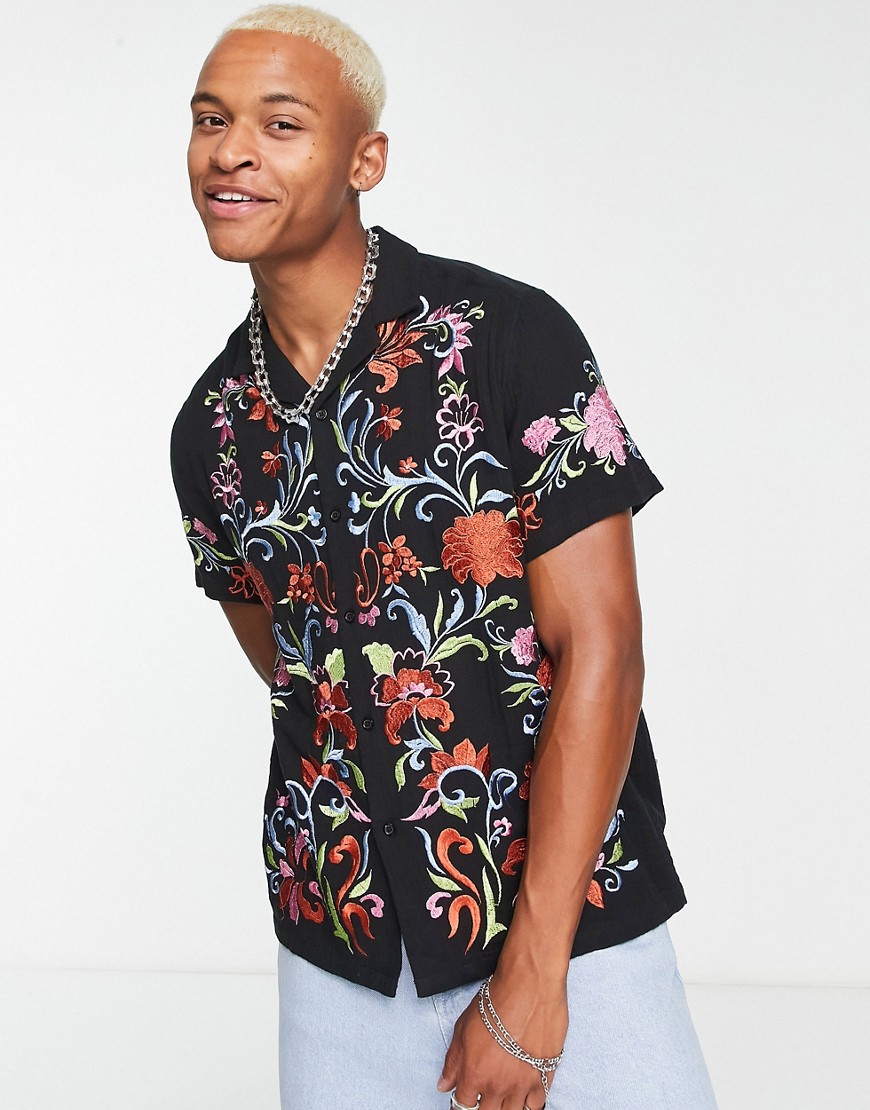 ASOS DESIGN relaxed revere shirt in linen mix with embroidery-Black