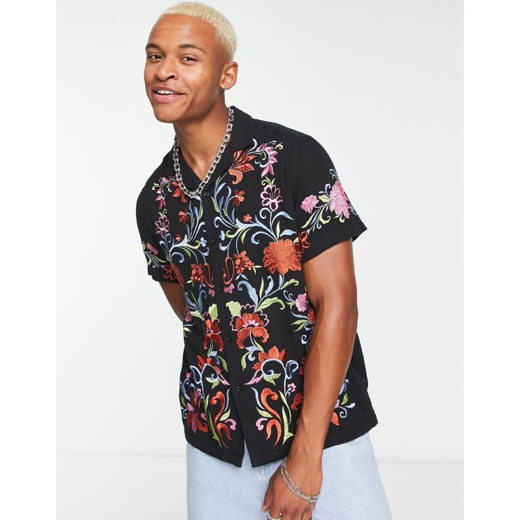 ASOS DESIGN relaxed revere shirt in linen mix with embroidery