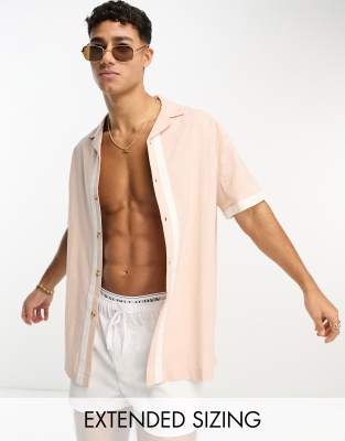 ASOS DESIGN RELAXED REVERE SHIRT IN LINEN MIX WITH PANELING IN PINK