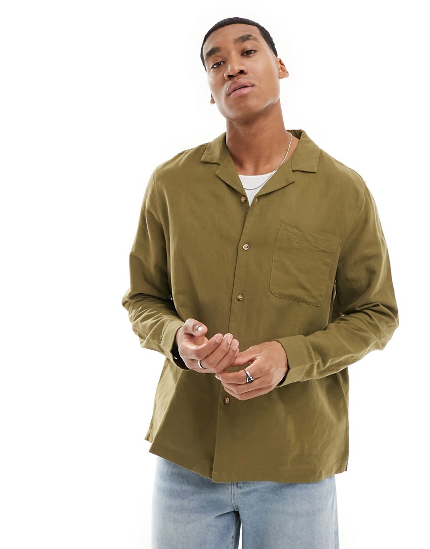 Asos Design Relaxed Revere Shirt In Linen Mixed With Patched Pocket In Khaki-green