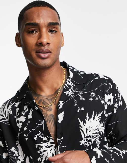 ASOS DESIGN relaxed revere shirt in monochrome floral print