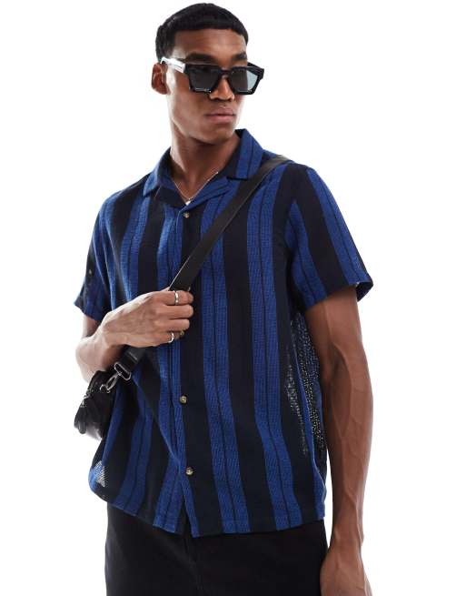 FhyzicsShops DESIGN relaxed revere shirt logo-opschrift in navy basket stripe