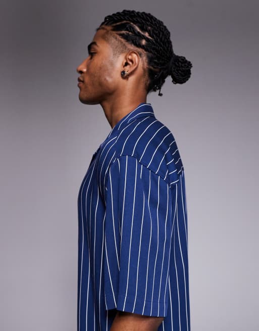 ASOS DESIGN relaxed revere shirt in navy pinstripe, 4 of 5